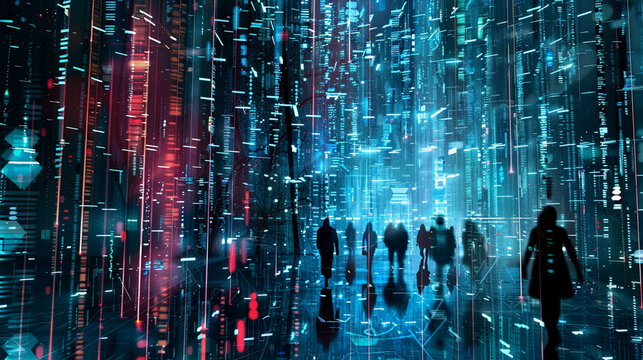 Matrix-like lines cascade down the screen, evoking a sense of digital connectivity and interdependence among users within the vast social matrix of the internet.