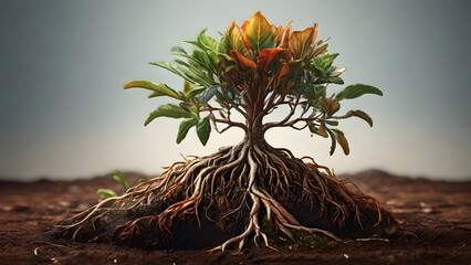 A beautifully detailed rendering of a small plant, its roots firmly planted in the rich, brown...