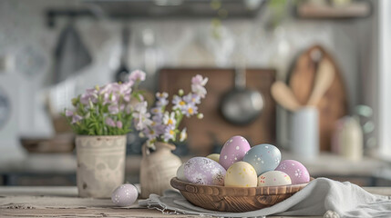 Easter eggs in the basket on the kitchen. 
