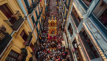 Holy Week procession through the streets of Seville with thousands of parishioners venerating the image of the Virgin. Christian religious iconography