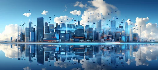 Poster Panoramic 3d illustration of futuristic smart city skyline with eco friendly skyscrapers and towers © Ilja