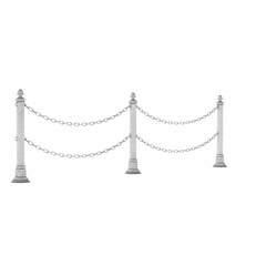 3D render of silver columns encircled by chains on a white background