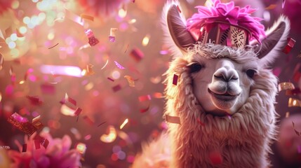 Naklejka premium An adorable llama adorned with pink party decor and confetti, evoking a sense of celebration and delight.