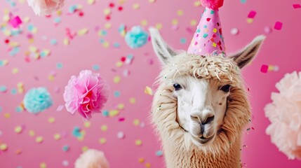 Obraz premium A charming llama wearing a party hat against a pink background sprinkled with confetti, perfect for festive occasions.