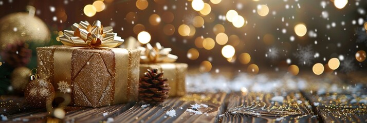 Christmas background template mock-up with golden shiny decorate balls and a bow on a present gift against an old wood background and defocused lights bokeh celebrate festive ideas. - obrazy, fototapety, plakaty