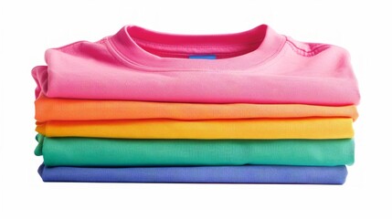 Stack of neatly folded t-shirts in a rainbow of colors isolated on a white background.