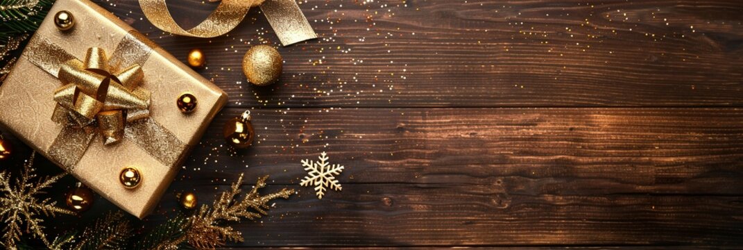 Christmas background template mock-up with golden shiny decorate balls and a bow on a present gift against an old wood background and defocused lights bokeh celebrate festive ideas.