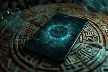 Fototapeta na wymiar 3D render of an anonymous smartphone against a backdrop of ancient runes with a mystical vortex on the screen suggesting magical powers