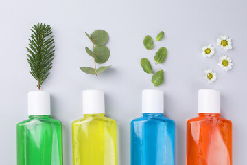 Fresh mouthwashes in bottles and ingredients on grey background, flat lay