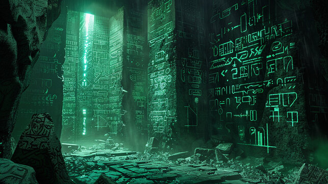 3D render of an underground chamber its walls covered in strange glowing hieroglyphs as researchers piece together an alien language