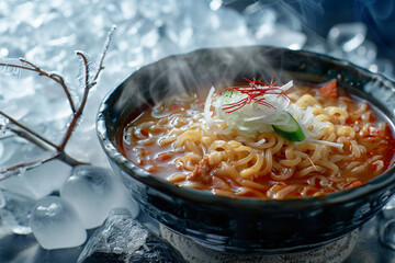 Photography of a noodle soup with steam rising into the cold air set against a backdrop of icicles emphasizing the dishs warmth