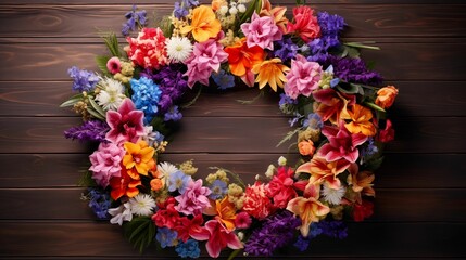 Fototapeta na wymiar Wreath made of various colorful flowers.
