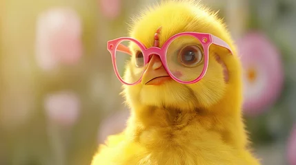 Wandaufkleber Yellow chicken with pink glasses. © kept