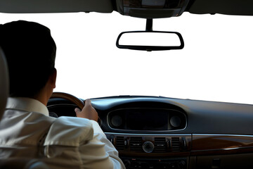Businessman driving a car. Driving a car. 1st person perspective. Cockpit and steering wheel view angle. Back view. Transparent PNG background. Pen tool premium cutout.