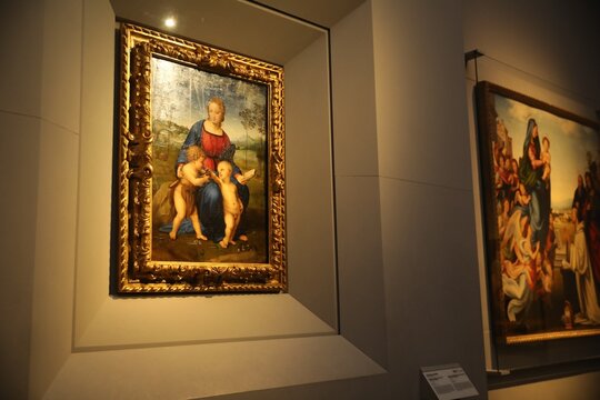Florence, Italy - February 8, 2024: Different famous paintings at Uffizi gallery