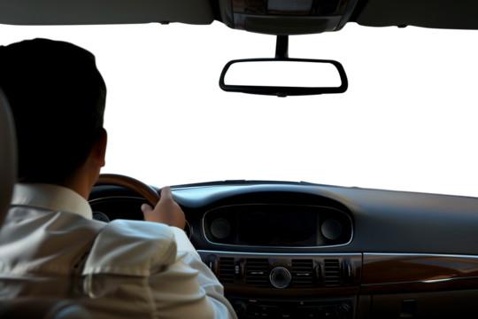 Businessman driving a car. Driving a car. 1st person perspective. Cockpit and steering wheel view angle. Back view. Transparent PNG background. Pen tool premium cutout. - Powered by Adobe