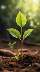 Fototapeta premium A close-up view of a young plant, its tender stem and leaves growing in the warm, brownish soil, rendered with stunning detail and realism.