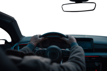 Man driving a car, back view. Driving a car. 1st person perspective. Cockpit and steering wheel view angle. Back view. Transparent PNG background. Pen tool premium cutout.