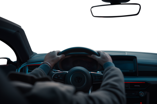 Man driving a car, back view. Driving a car. 1st person perspective. Cockpit and steering wheel view angle. Back view. Transparent PNG background. Pen tool premium cutout.