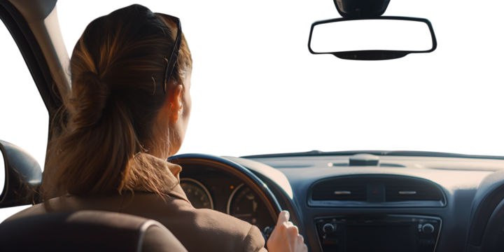Back of a woman driving a car. Driving a car. 1st person perspective. Cockpit and steering wheel view angle. Back view. Transparent PNG background. Pen tool premium cutout.