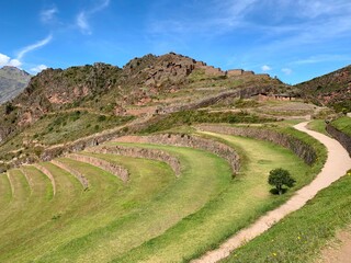 Peru Sacred valley Incas Urubamba terraced fields near Pisac fortress old ruins. - obrazy, fototapety, plakaty