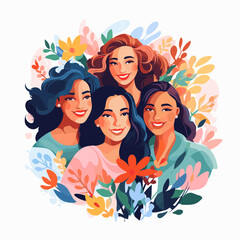 Portrait of four confidence women with different skin tones and hair colors, surrounded by flowers, isolated on white background