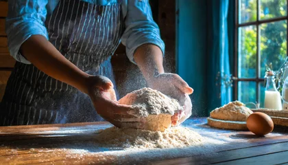 Photo sur Aluminium Pain baker preparing wheat flour dough for food bread