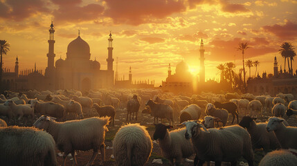 Amidst a backdrop reminiscent of a vibrant sunrise, a flock of sheep and goats congregate, exuding...