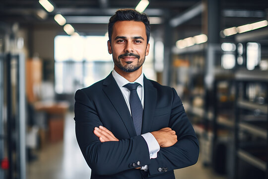 Businessman standing with folded hands in suit at office.