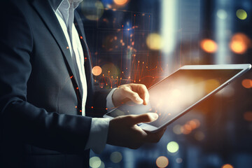 Trader employing risk management in the global stock exchange, utilizing a tablet for a business startup.
