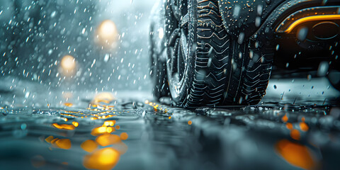 Weather tire running in the snow road safety in winter, Tire splashing in water,
 - obrazy, fototapety, plakaty