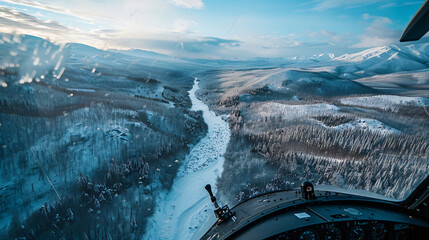 Winter views from the window of a helicopter in the