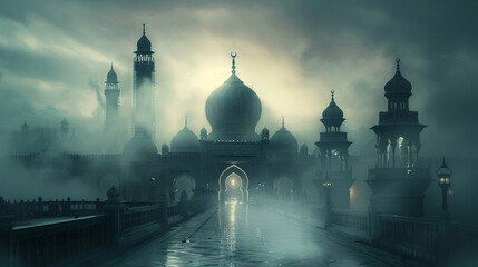 An ethereal mist enveloping a picturesque mosque, creating a mystical atmosphere perfect for...