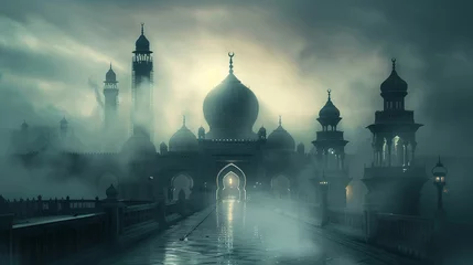 Türaufkleber An ethereal mist enveloping a picturesque mosque, creating a mystical atmosphere perfect for Ramadan Kareem greetings. 8K. © Rafay Arts