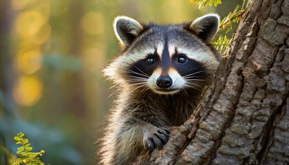 Obraz premium Raccoon in the forest looks at the camera