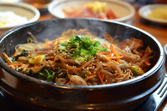 japchae or stir-fried Korean vermicelli noodles with vegetables and pork topped with white sesame