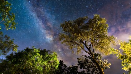 A beautiful night sky with stars, trees, Milky Way galaxy