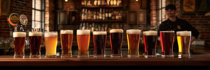 A variety of craft beers in different hues line up on a bar with a bartender in the background.