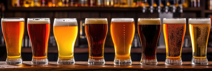 An array of craft beer glasses showcasing a spectrum of ales and lagers on a well-lit bar top. - obrazy, fototapety, plakaty
