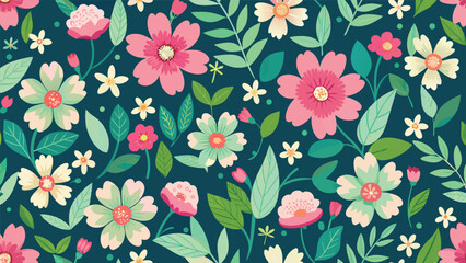 Seamless pattern with cute flowers and leaves. Vector illustration.