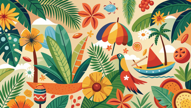 Seamless pattern with tropical plants and birds. Vector illustration.