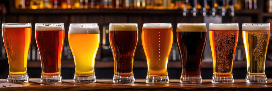 An array of craft beer glasses showcasing a spectrum of ales and lagers on a well-lit bar top.