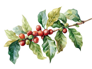 Red coffee arabica beans and leaves on branch isolated watercolor illustration - obrazy, fototapety, plakaty