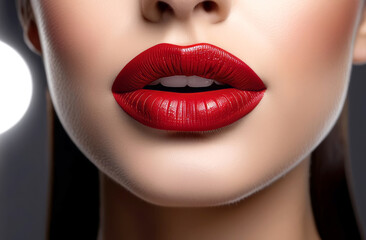 Close-up of plump beautiful female lips with red lipstick. Concept of cosmetology and lip lifting.
