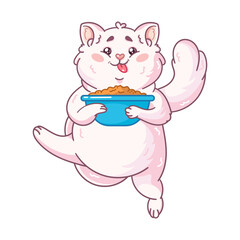 A cute funny fluffy cat stands with a bowl of delicious food and smiles. Vector illustration isolated on a white background