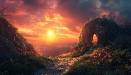 Landscape recreation of sunset in a field with stone bridge - obrazy, fototapety, plakaty