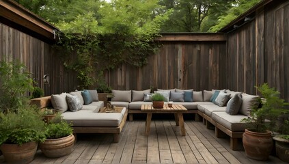 Rustic patio furniture on house deck with vegetation