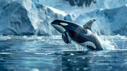 Majestic Orca Whales Leaping in the Arctic Ocean. Generative ai