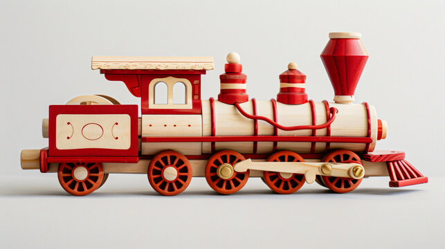 Wooden toy train on a light background. Studio photo
