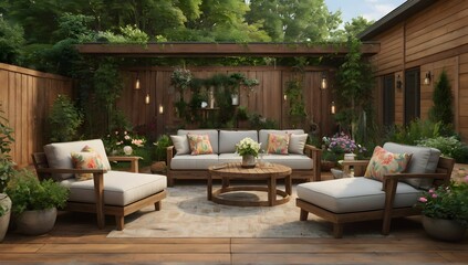 Fototapeta premium Step into your dream backyard oasis with our AI-generated image of a rustic patio furniture set nestled on a wooden deck surrounded by lush greenery and vibrant flowers